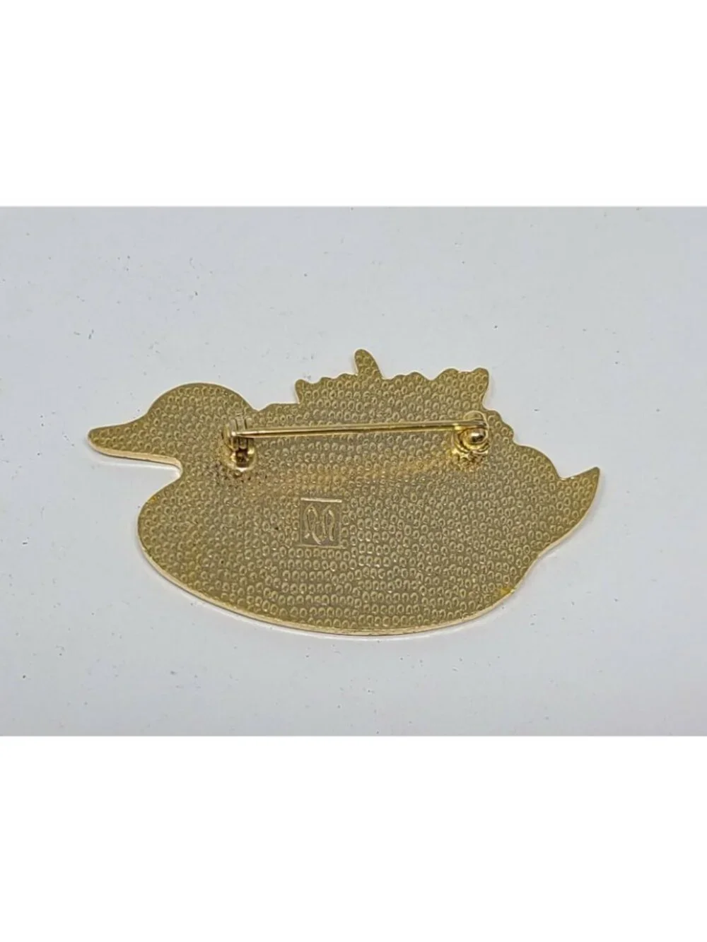 Vintage Duck-Shaped Gold-Tone Enamel Brooch Pin With Floral Design Flowers